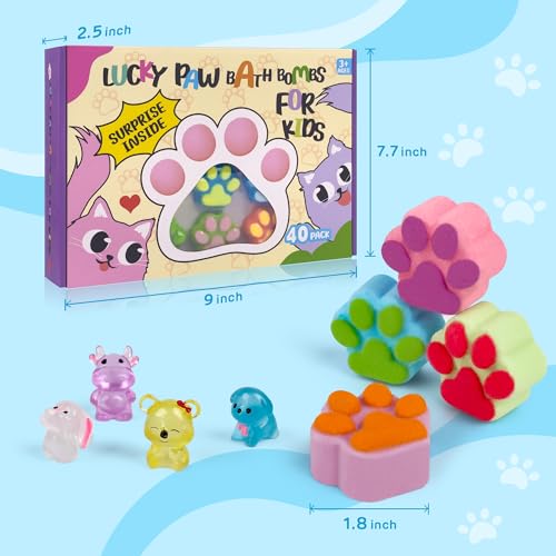 Kids Bath Bombs with Surprise Toys - 40 Large Paw-Shaped Bubble Bath Set