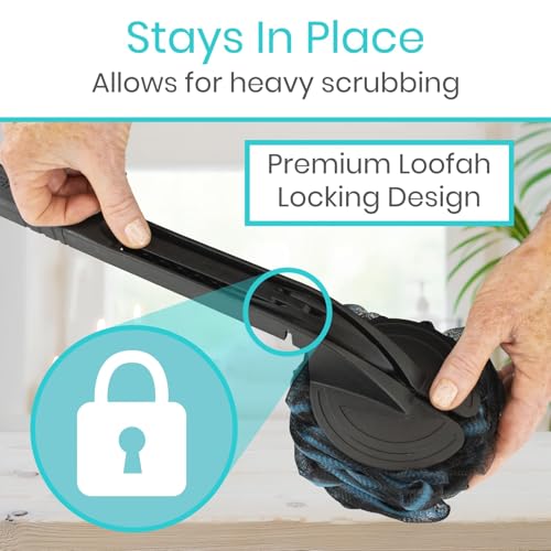 Vive Interchangeable Long Handled Loofah on a Stick - Black Mesh Back Sponge, Reusable
