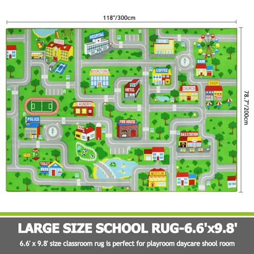Kids Traffic Road Playmat Carpet - Non-Slip City Map Rug for Toddler Playroom, 6.6'x9.8' Green