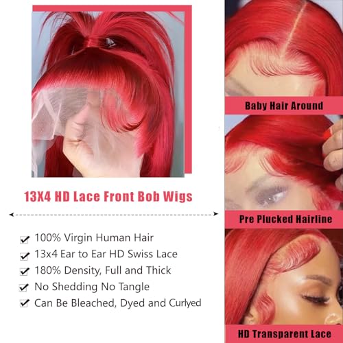 Red 10 Inch Human Hair Bob Wigs 13x4 Lace Frontal Short Blunt Cut Glueless Wigs for Black Women