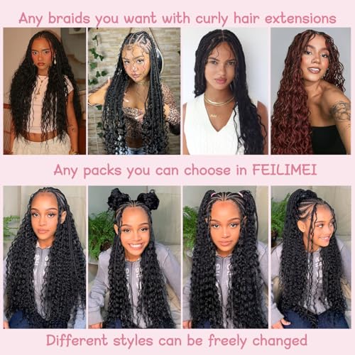 FEILIMEI 22 Inch Ocean Wave Crochet Hair - Synthetic Curly Braiding Hair, Pack of 9, #1B