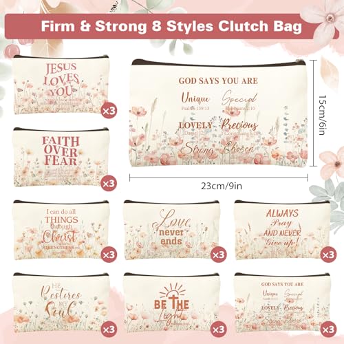 Kuabiz 24 Pack Christian Wildflowers Makeup Bags with Bible Verses - Inspirational Travel Cosmetic Pouches for Women