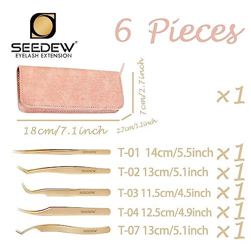 Tweezers Eyelash Extension 5 Pieces Stainless Steel Straight and Curved Professional Set Supplies with a Storage Bag for Lash Tech, Lash Artist Beginner Making Volume Classic Fans(Golden, Pink)