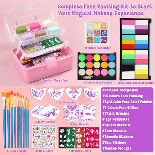 Kids Face Painting Kit with Organizer Box - Non-Toxic, Washable Party Makeup Set with Brushes, Gems & Stencils