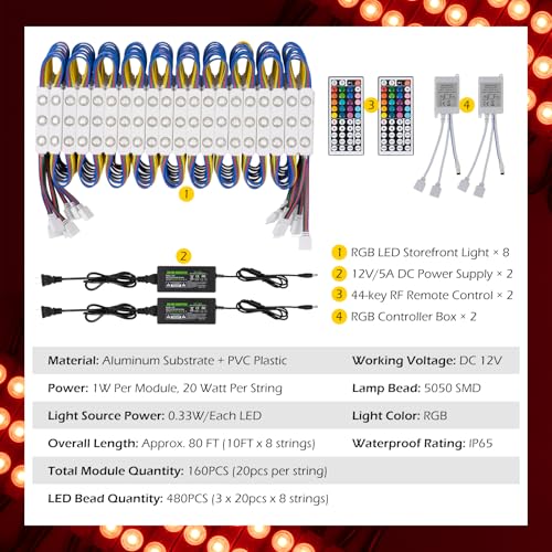 White 80FT RGB LED Storefront Lights for Business Window Signage