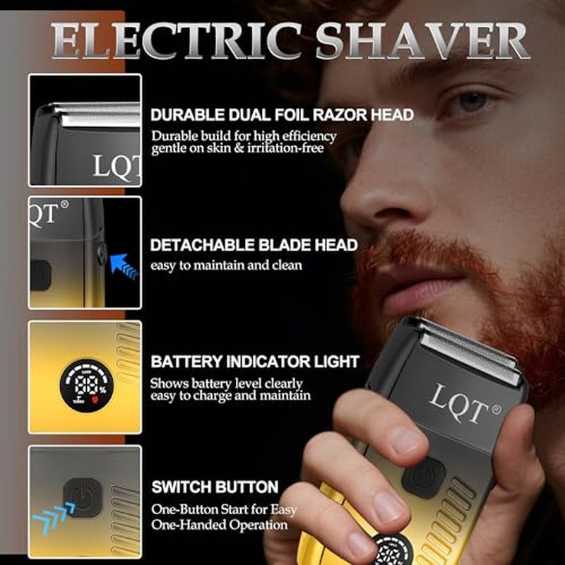 3-in-1 Barber Kit, Professional Hair Clipper, T-Blade Trimmer & Foil Shaver Set, Long-Lasting Battery, LED Display, Cordless Rechargeable Hair Cutting Tools for Men, Gold, Home-use, Gifts for Men
