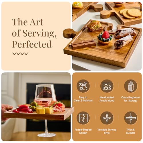 Homesphere Wooden Charcuterie Boards Set of 4 with Interlocking Puzzle Design and Handle - Acacia Cheese & Appetizer Trays for Parties & Gifts