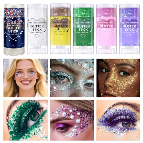 Patriotic Red White and Blue Body Glitter Stick, 4th of July Outfits for Women Kids, 4th of July Accessories,Hair Body Face Glitter Makeup, USA Flag Chunky Sequins Glitter for Independence Day