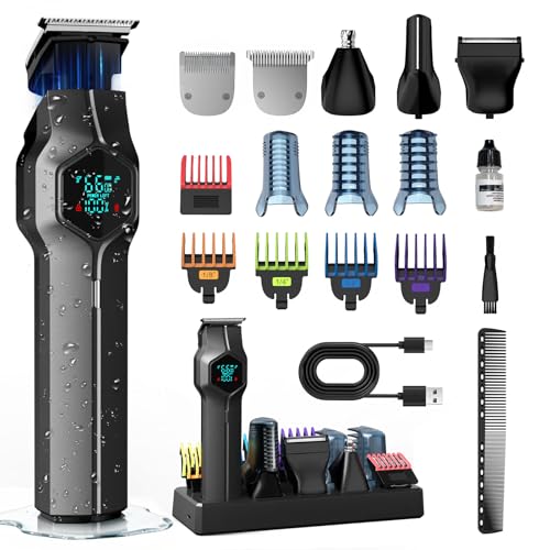 Beard Trimmer for Men, Magnetic Snap-on Replacement Heads & Charging Dock, IPX7 Waterproof Cordless Hair Clippers, Mens Grooming Kits for Mustache/Body/Face/Ear/Nose, Gray