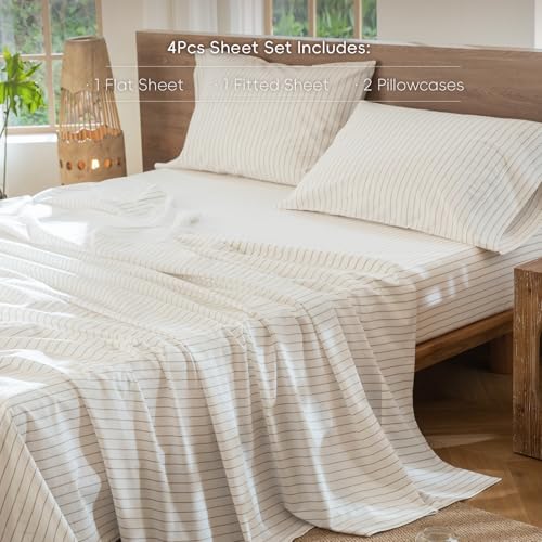 MooMee King Striped Washed Cotton Linen-Like Bed Sheet Set - Wide White & Tannish Grey