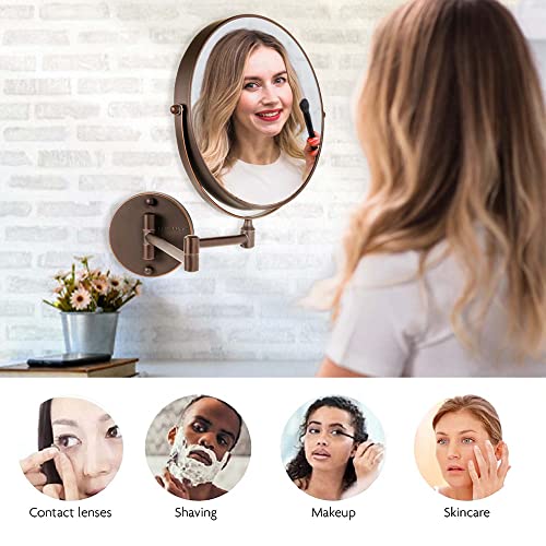OVENTE 9" Wall Mounted Makeup Mirror with 1X/10X Magnification, Double Sided Magnifying Round Bathroom Vanity Mirror, 360¡Æ Swivel Design, Extendable and Folding Arm, Antique Bronze MNLFW90ABZ1X10X