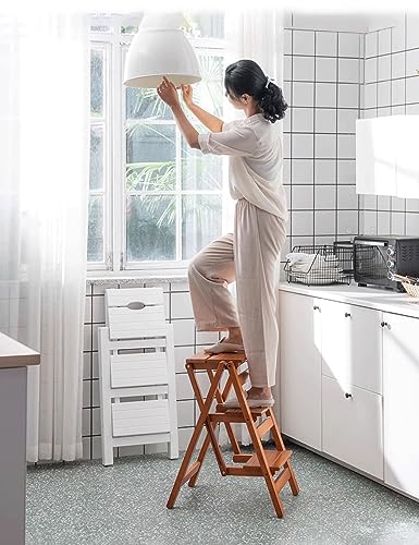Brown 3-Step Folding Ladder Stool - Solid Pine Wood, Max 330 lb Capacity, Anti-Slip, Space-Saving Design for Home & Kitchen