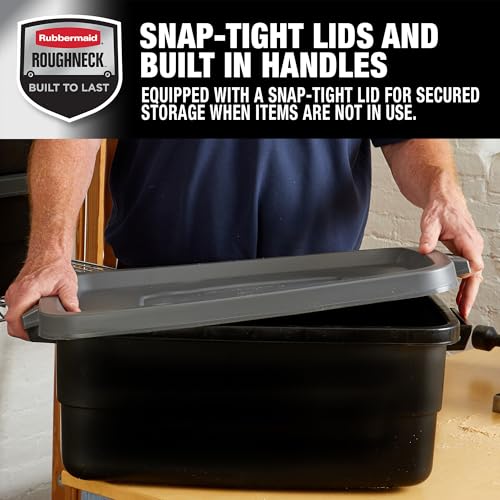 Rubbermaid 10 Gal 6 Pack Totes with Lids - Heavy Duty Stackable Storage Bins, Black/Gray
