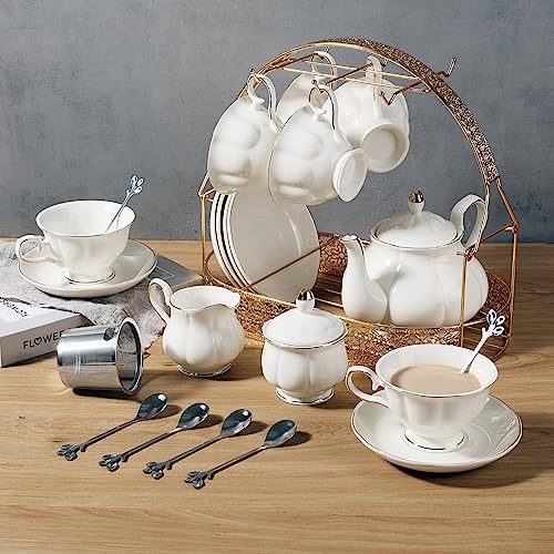 White 22-Piece Porcelain Tea Set with Cups Saucer Teapot Sugar Bowl Creamer for 6