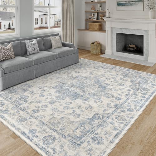 Blue & Neutral 6x9 Low Pile Area Rug - Vintage Floral Design, Machine Washable