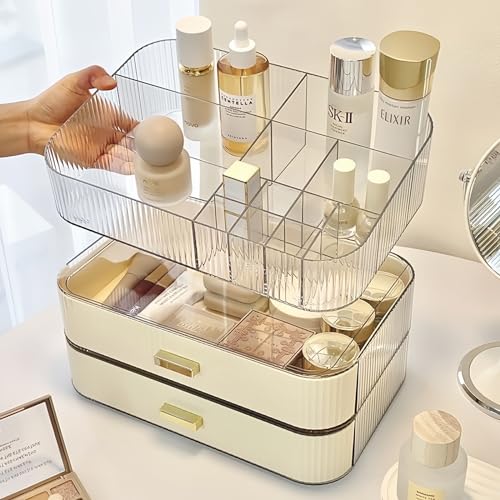 Makeup Organizer for Vanity, Stackable Cosmetics Organizer with Drawers, Countertop Storage for Makeup Palettes, Skincare, Beauty Supplies, Great for Vanity, Bathroom, Cabinet, Dresser Desk. Cream