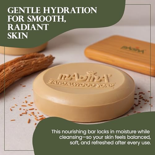 Madina Sandalwood Soap Bar ? Moisturizing, Gentle Cleanser, Aromatic Sandalwood, Vitamin E, Aloe Vera, 100% Vegetable-Based, For All Skin Types, 6 Pack (3.5 oz Each)