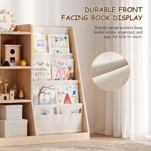 Kids Bookshelf with Front Book Rack and Open Storage - Solid Pine, Triangle Design