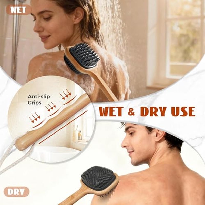 Bath Brush with Long Bamboo Handle, Soft Bristles (16.92 inch)
