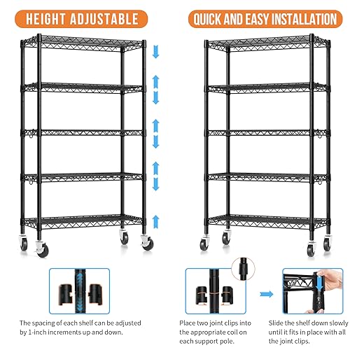 Hodonas 5-Tier Heavy Duty Wire Shelving 1900 lbs with Rolling Wheels, 36W x 14D x 75H