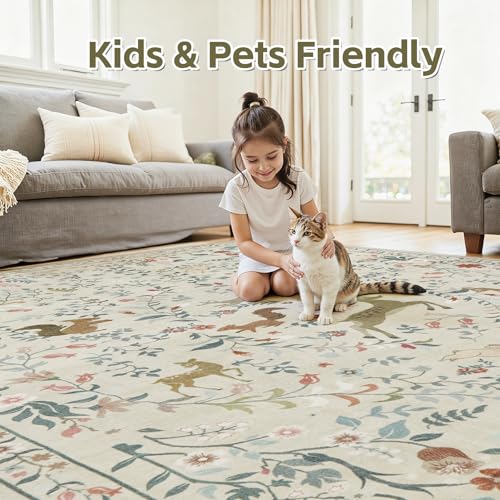 Yidanamy 8x10 Beige Boho Floral Washable Area Rug for Living Room & Bedroom
