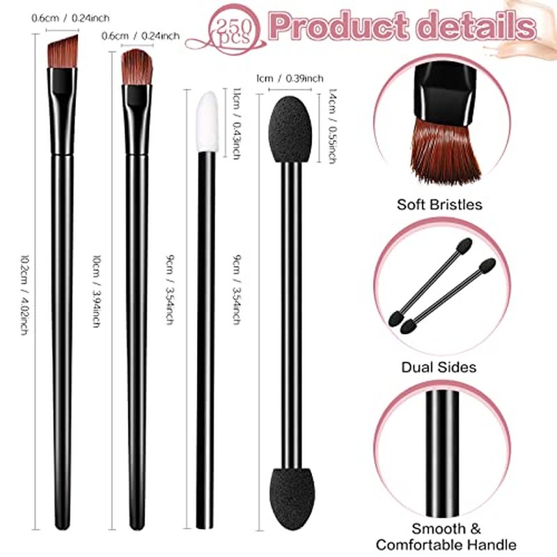 250 Piece Disposable Eyebrow Brush Set - 100 Angled/Round Eyebrow Brushes, 50 Double-End Eyeshadow Brushes, 100 Lip Brushes for Women & Girls Salon Beauty Cosmetic Makeup Tool