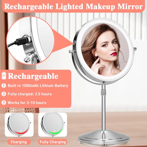 Rechargeable LED Lighted Makeup Mirror with 10X Magnification & Dimmable Lights