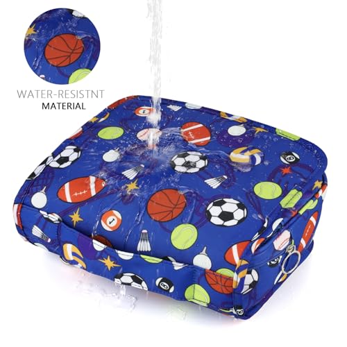 Kids Hanging Toiletry Bag for Boys - Blue Soccer Balls Travel Organizer Waterproof