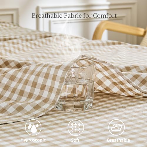 Pure Era Brown Gingham King Sheets Set - 100% Washed Cotton Linen-Like