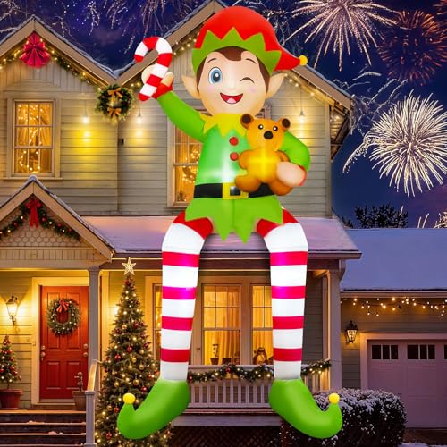 10FT Outdoor Christmas Inflatable Elf with LEDs & Stable Setup - Yard Decor