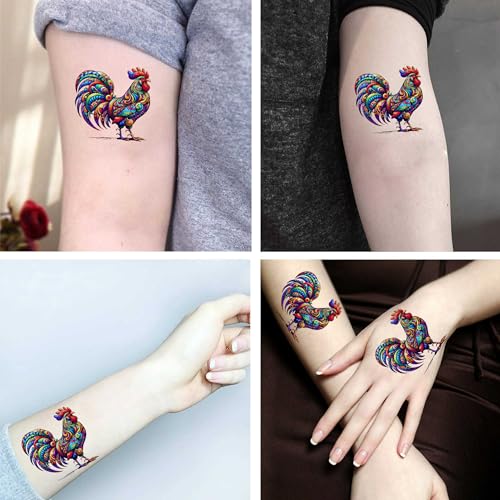 6 Sheets Temporary Tattoos Bright Rooster Temporary tattoo Neck Arm Chest for Women Men Adults
