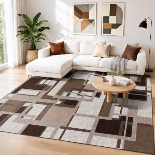 Mocha Brown Geometric Area Rug 6x9 - Washable, Non-Slip Living Room Carpet