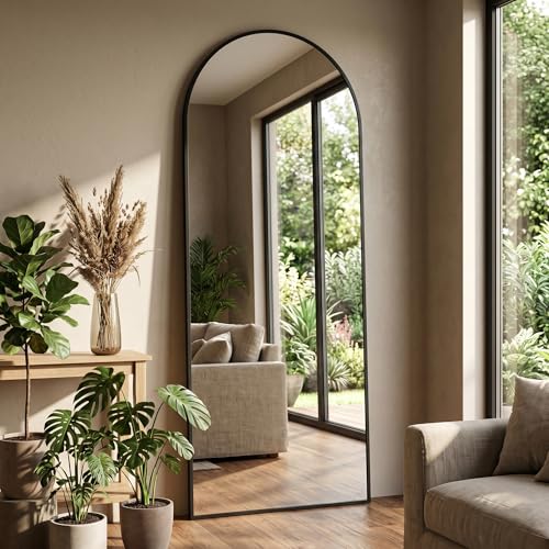 Full Length Floor Mirror with Stand - Arched Modern Design, HD Explosion-Proof Glass, Black 58x18 inches
