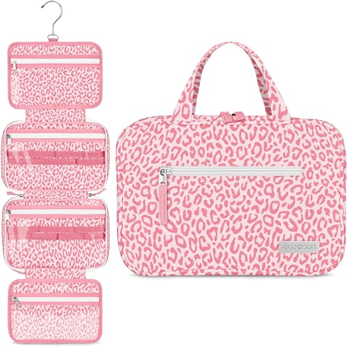 Water-Resistant Travel Toiletry Bag with Hanging Hook - Large Capacity, Pink Leopard
