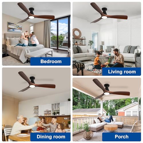 Depuley 52-Inch Walnut Flush Mount Ceiling Fan with Lights & Remote - Low Profile Indoor Outdoor