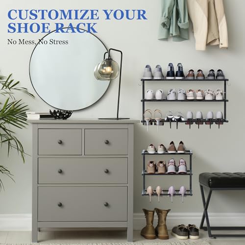 Black 4 Pack Wall Mounted Shoe Rack Adjustable 3-Tier Organizer with Hooks