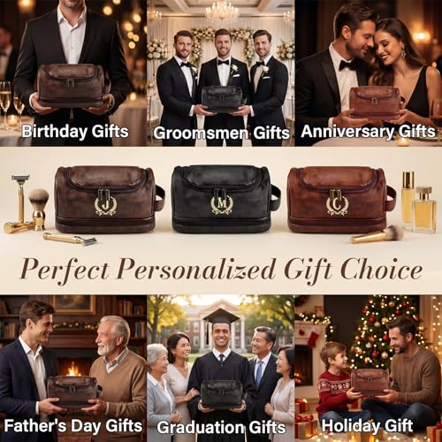 Personalized Leather Toiletry Bag for Men with Initial J - Travel & Gift Ready, Brown