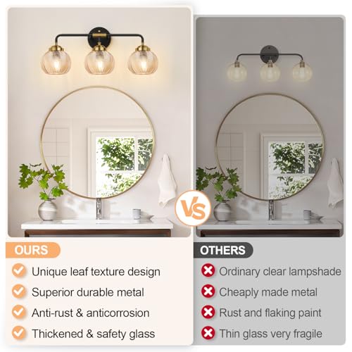 MOKATNG Bathroom Light Fixtures 3-Light Amber Leaf Texture Glass Vanity Wall Lamp