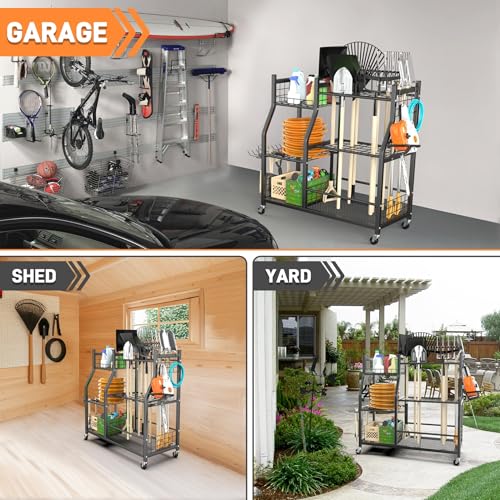 Garden Tool Organizer with Wheels - Rake & Shovel Storage Stand with Shelves - Variation: Tool Stand with Extra Shelves