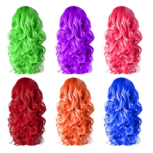 Neon & Curly Color Wigs 6 Pack with Glasses - Blue, Green, Orange, Purple, Pink, Wine Red