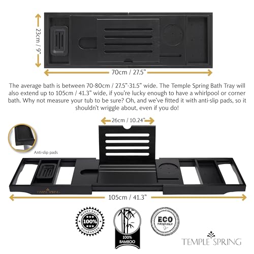 Temple Spring Wooden Bathtub Tray, Bamboo Bathroom Accessories, Bath Tray for Tub, at Home Spa Essentials, Board for Tub Table, Bath Caddy for Bathtub Accessories & Bathroom Essentials ? Black