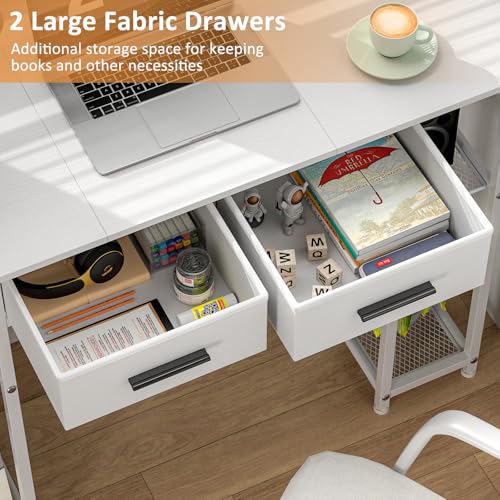 White Computer Desk with Drawers and Storage Shelf - Small Office Study Table