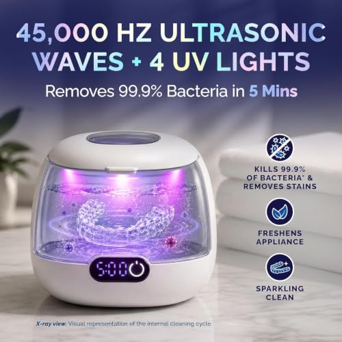 Ultrasonic Dental Retainer Cleaner Machine 45kHz UV Light 200ml Tank