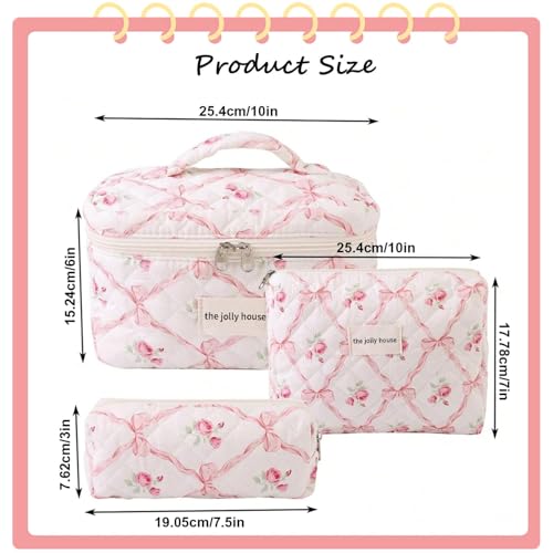 LAKSMI 3PCS Cotton Quilted Floral Makeup Bag Set for Women, Cute Make Up Bags with Brush Pockets, Large Wide-Open Toiletry Pouch Gifts for Toiletries Accessories Travelling Essentials