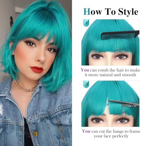 12 Inch Short Bob Wig with Bangs - Teal Blue & Bluish Green Heat-Resistant Synthetic Wig for Cosplay & Party