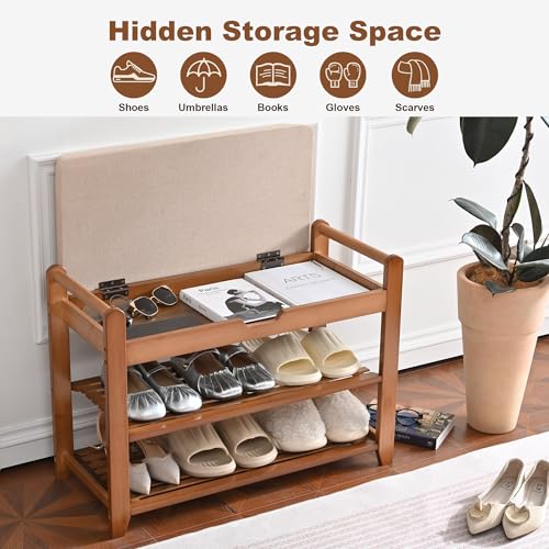 27.6in Bamboo Shoe Rack Entryway Bench with Hidden Drawer & Hooks - Homman