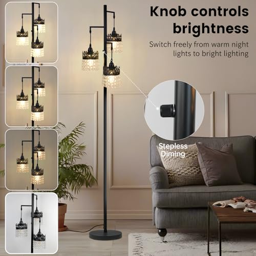 DMBOSS Crystal Floor Lamp - Modern Black Crown Design with Stepless Dimming (Black)
