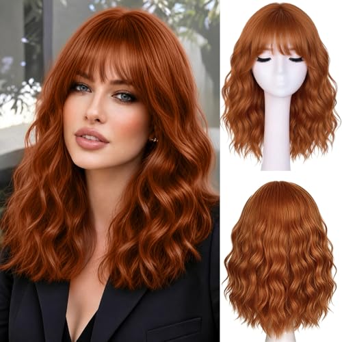 Dusty Orange Short Wavy Wig with Bangs for Women 16 Inch Synthetic Hair - AllureLocks