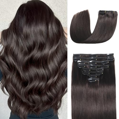 Dark Brown 16-Inch Remy Clip-In Hair Extensions - Natural Human Hair Set, 8pcs