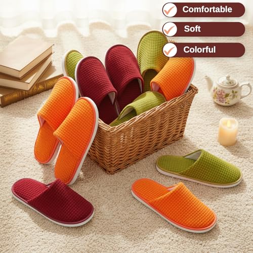 Geyoga 12-Pair House Slippers for Guests, Medium Size, Green, Yellow, Orange, Brown